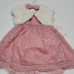 Pink Lace Dress with White Faux Fur Vest